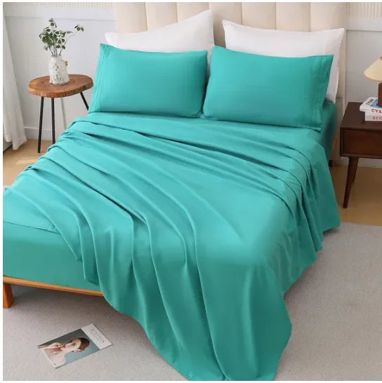 4-Piece Grass Green Bed Sheet Set, 100% Cotton Soft & Breathable, Deep Pocket Fitted Sheet for Queen Size Bed, All-Season Lu