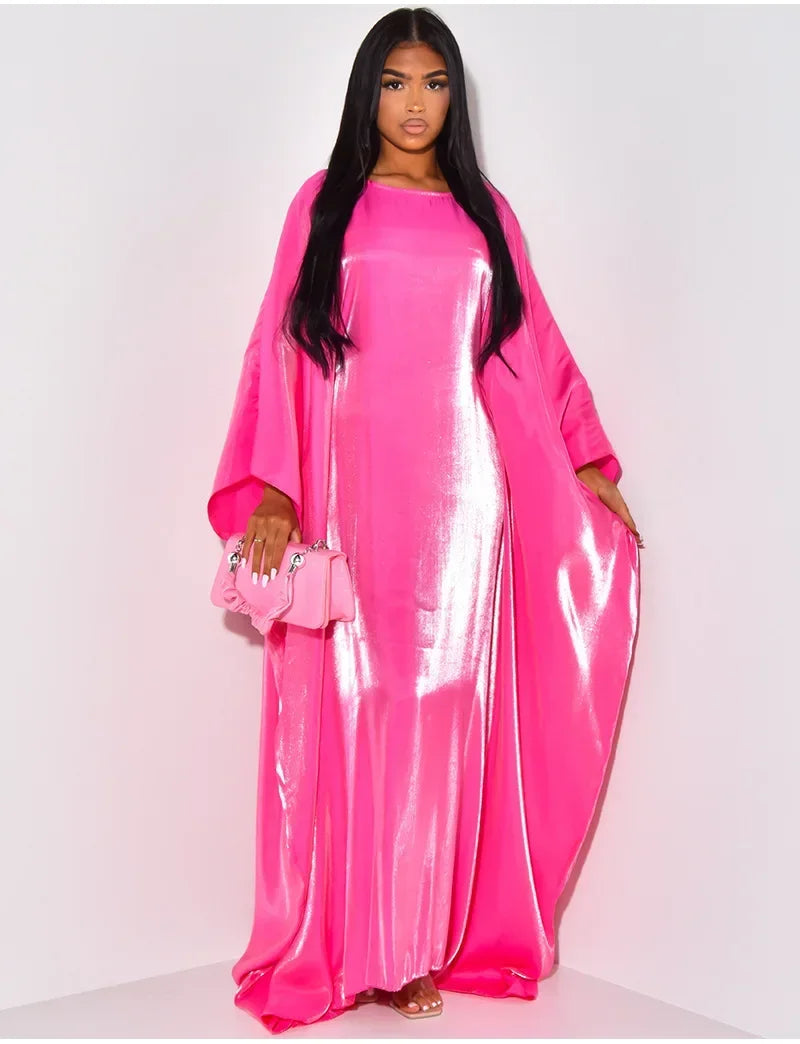 BWQ Women Loose O-neck Full Batwing Sleeve Long Maxi Dress Summer Satin Vintage Africa Streetwear Vestido Evening Dresses