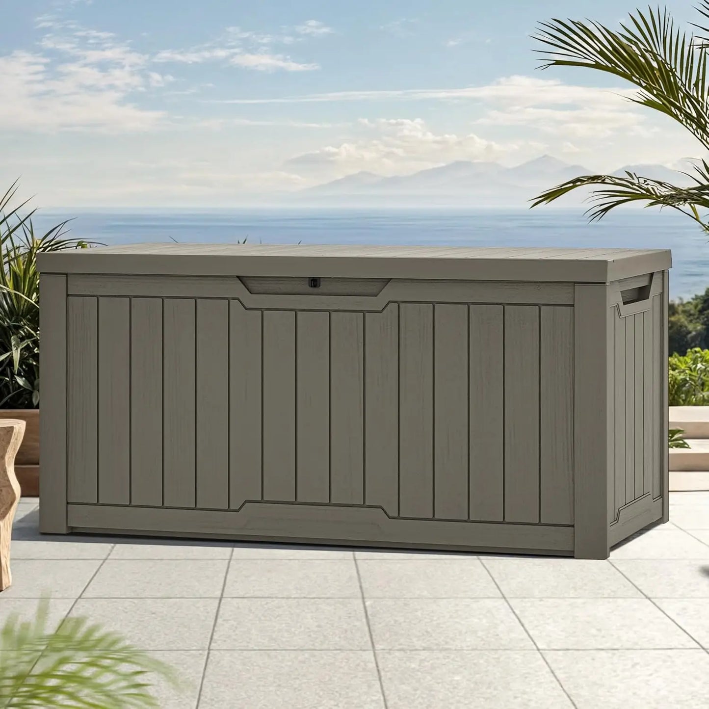 120-Gallon Deck Box, Waterproof Outdoor Storage Chest for Garden Tools, Pool Supplies, and Sports Gear, Lockable Lid, Multi