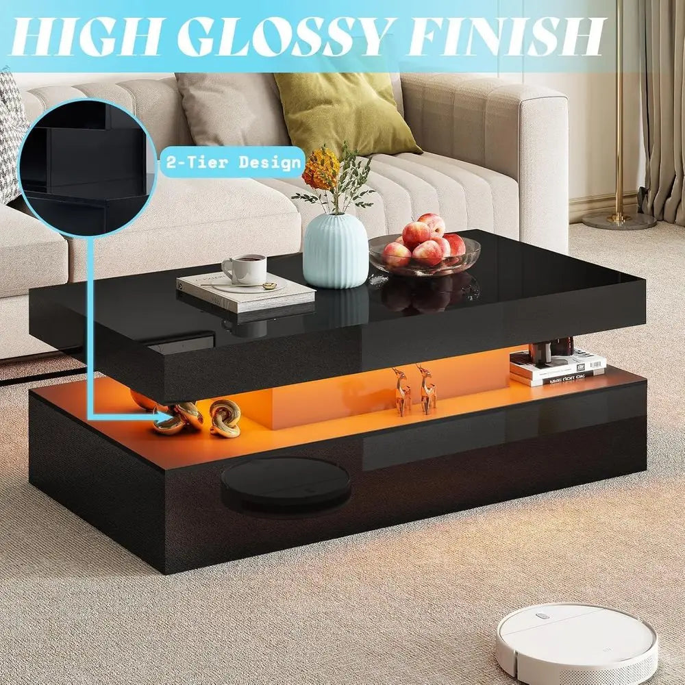 Modern 3-Piece Glossy Living Room Table Set: LED Coffee Table & 2 Charging Nightstands, Black