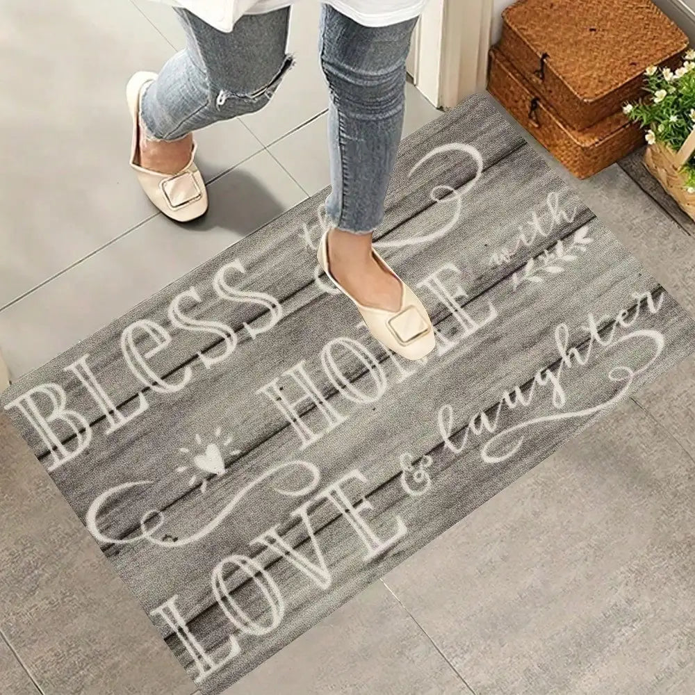 1pc Farmhouse Doormat Bless This Home Welcome Mat Non-Slip Absorbent Bathroom Rug Rustic Wood Print Inspirational Quote Mat