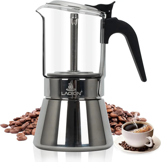Stovetop Espresso Maker, 6Cup 240ml Classic Moka Pot, Crystal Glass-top & StainlSteel Coffee Maker Mocha Pot, Greca De Cafe