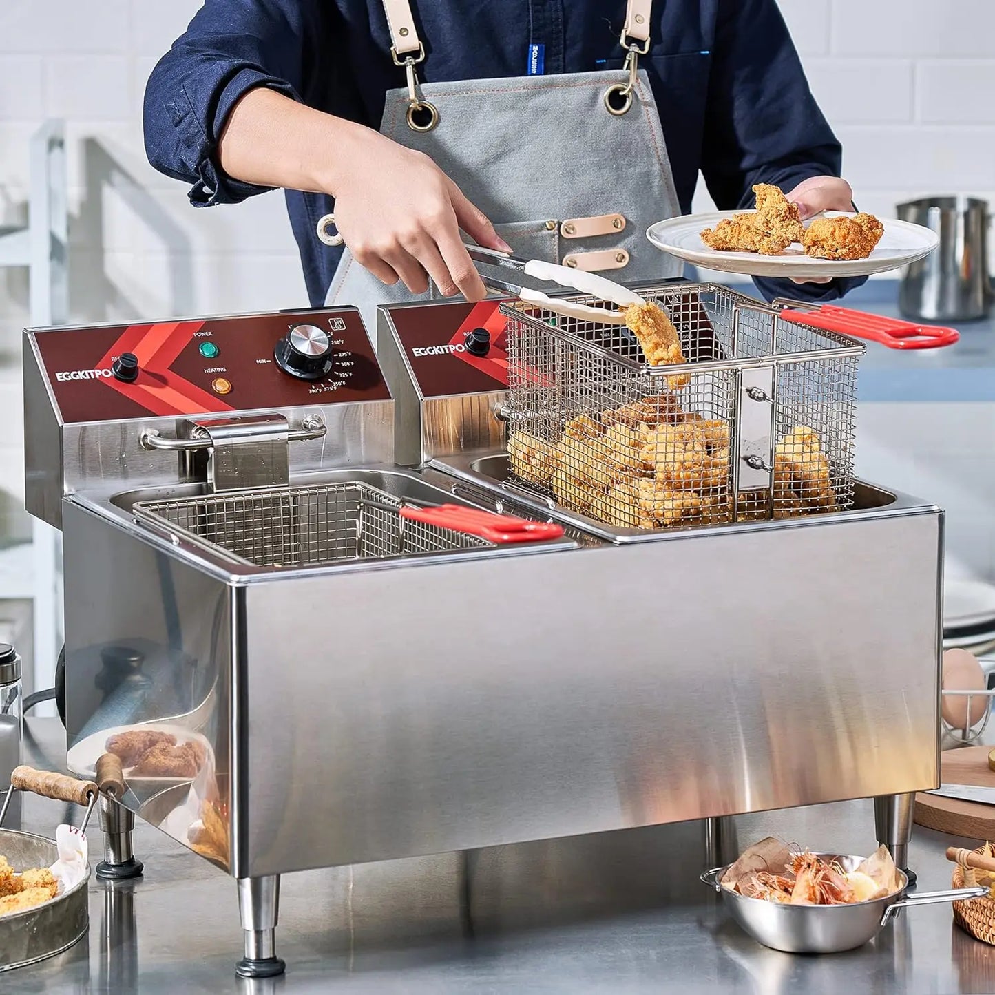 Deep fryers Commercial Deep Fryer 12L x 2 Large Dual Tank Electric Countertop Fryer for Restaurant with 2 Frying Baskets