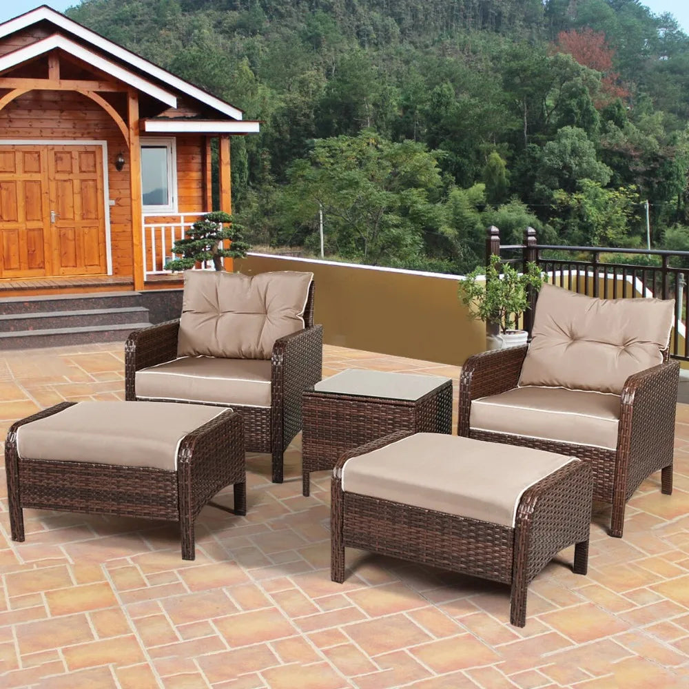 5 PCS Rattan Wicker Furniture Set Sofa Ottoman W/ Cushions Patio Garden Yard NEW