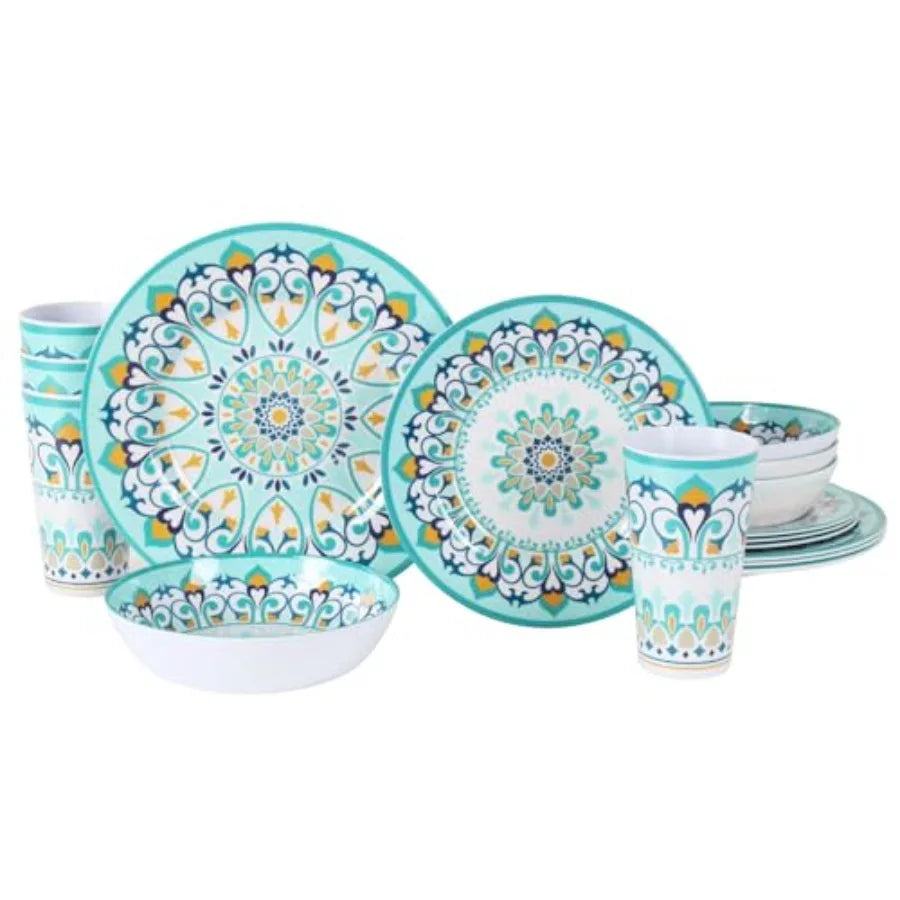 Melamine Dinnerware Set for 4-16 Pcs:Camping Dishes Set with Dinner PlatesSalad Plates Cups and Bowls.Lightweight and Unbreakab