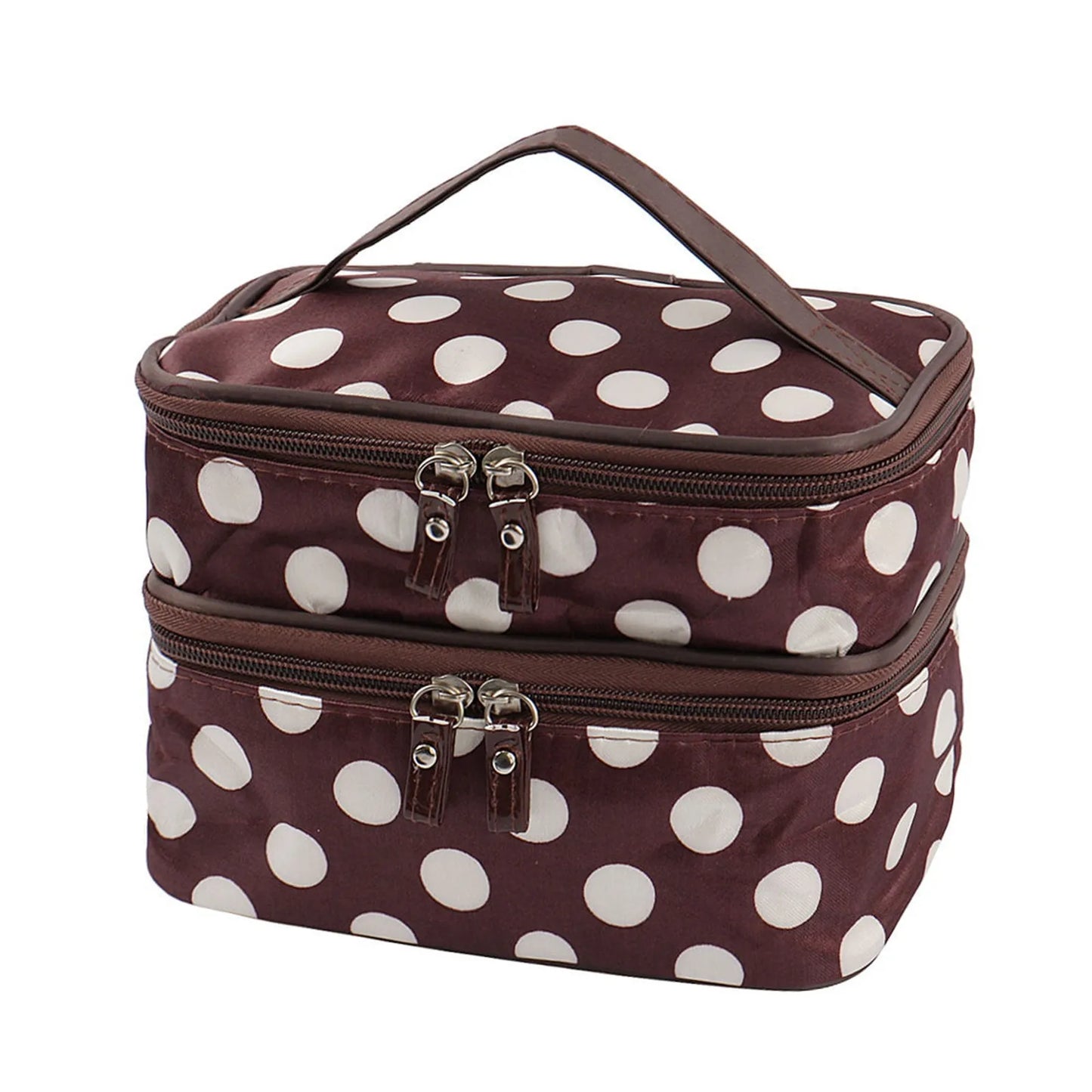 Women'S Travel Cosmetic Makeup Bag Organizer Double Layer Dot Pattern Toiletry Bag Case Pouch With Mirror For Woman