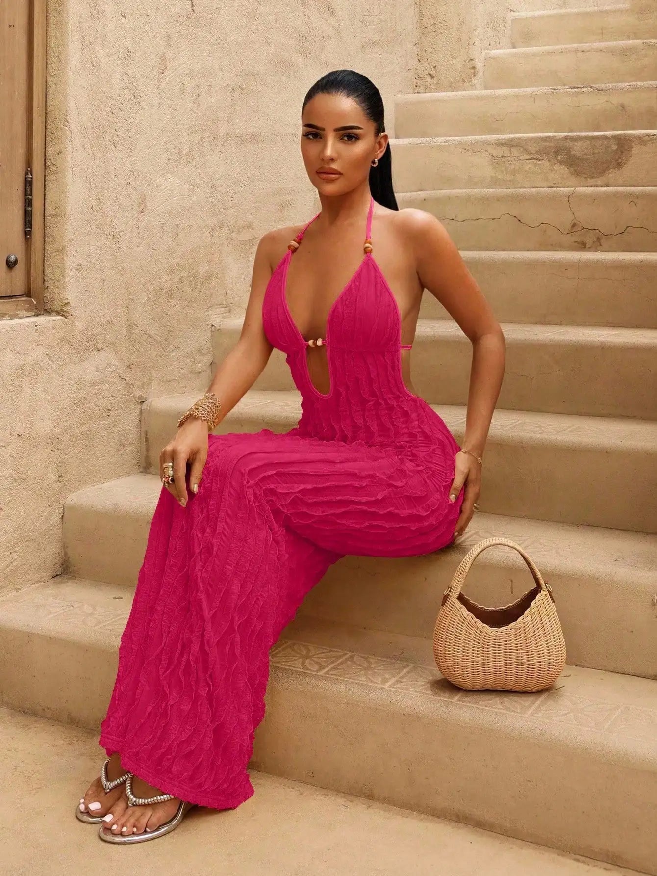 Women's Yellow Deep V Halter Neck Ruched Long Dress with Beaded Detail, Beach Vacation Style