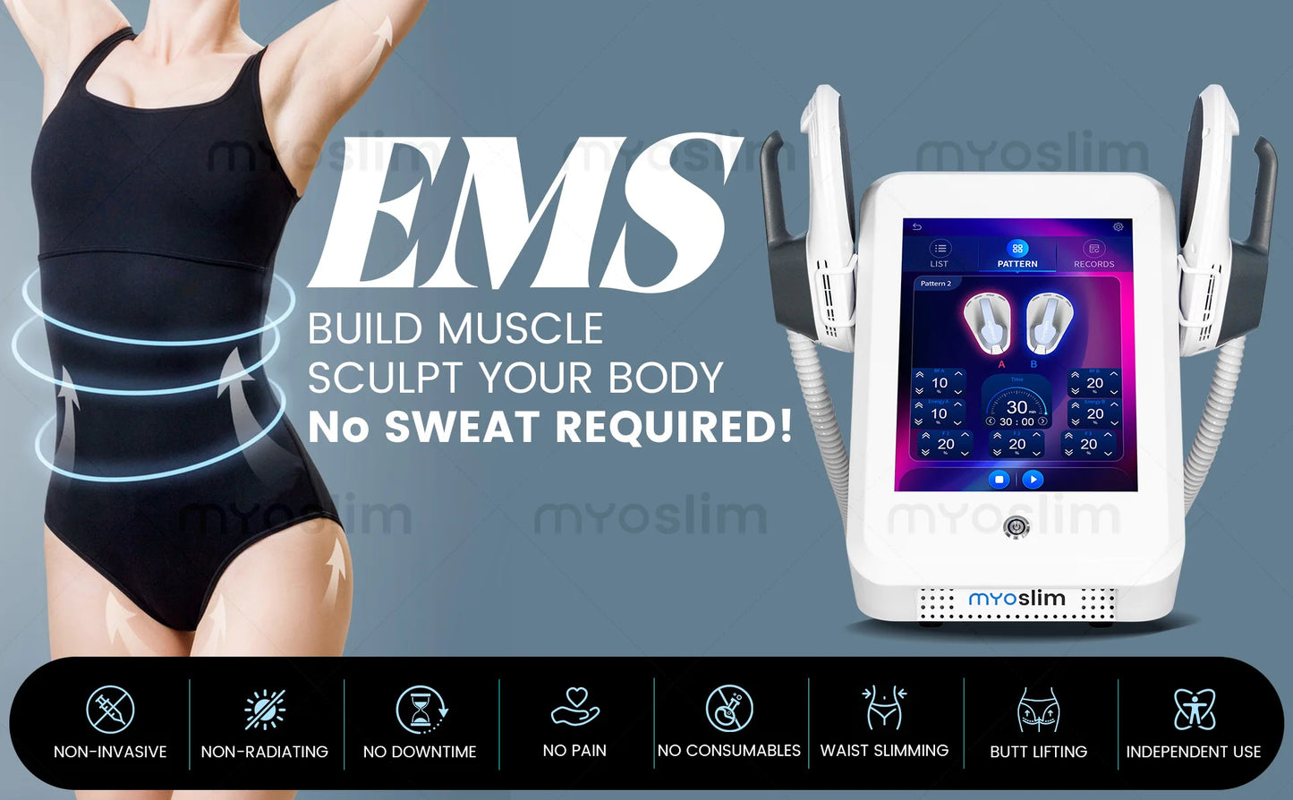 Myoslim Neo Portable EMS Machine Electromagnetic Body Slimming Muscle Stimulate Fat Removal Build Muscle.