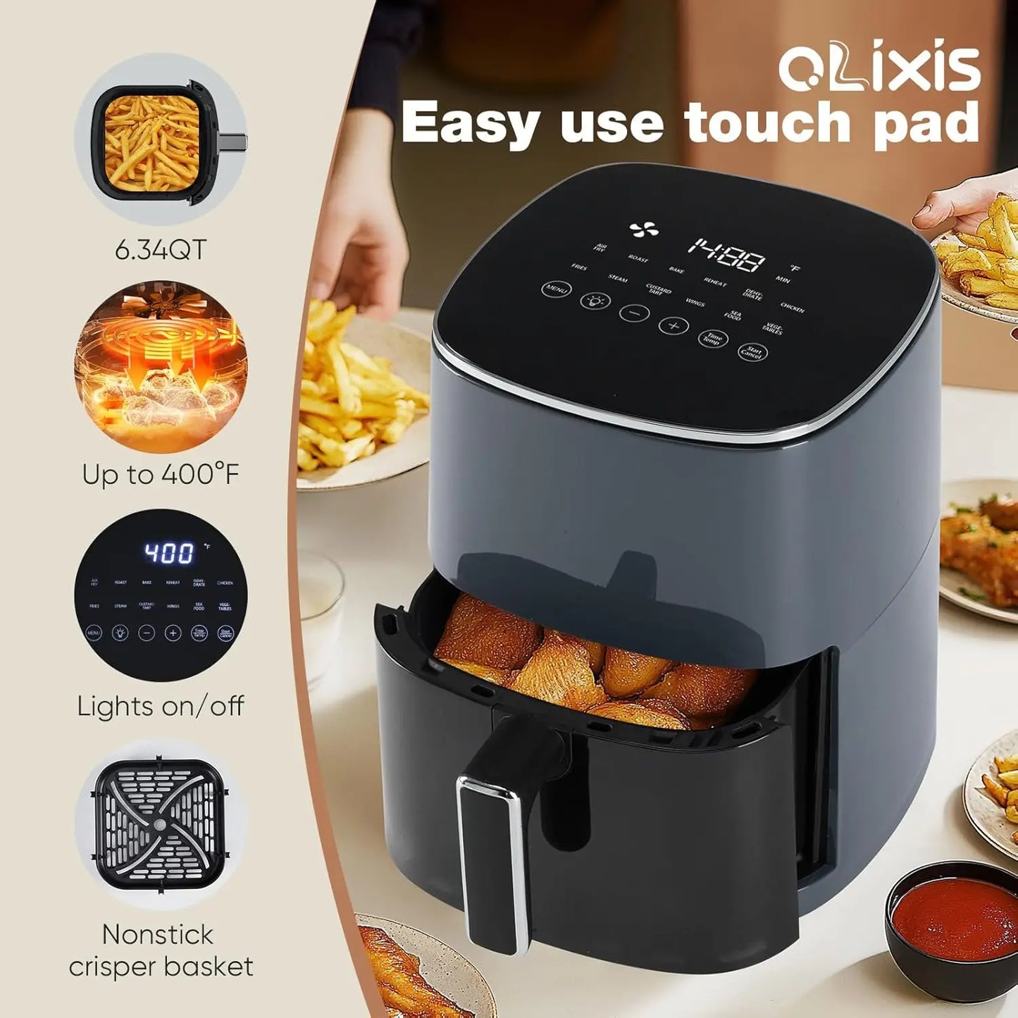 Air Fryer 6 Quart with Window Square Air Fryer 12-in-1 Air Fry, Roast, Reheat, Dehydrate, Bake, Steam, Fries, Custard, Chicke