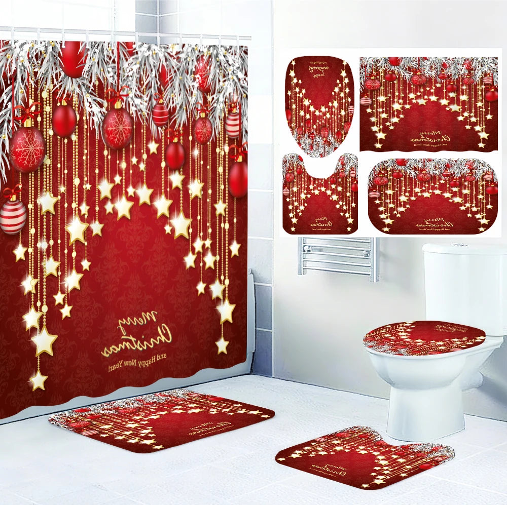 Christmas Bathroom Four-piece Set - Avant-garde Waterproof shower curtain, creating a complete bathroom kit