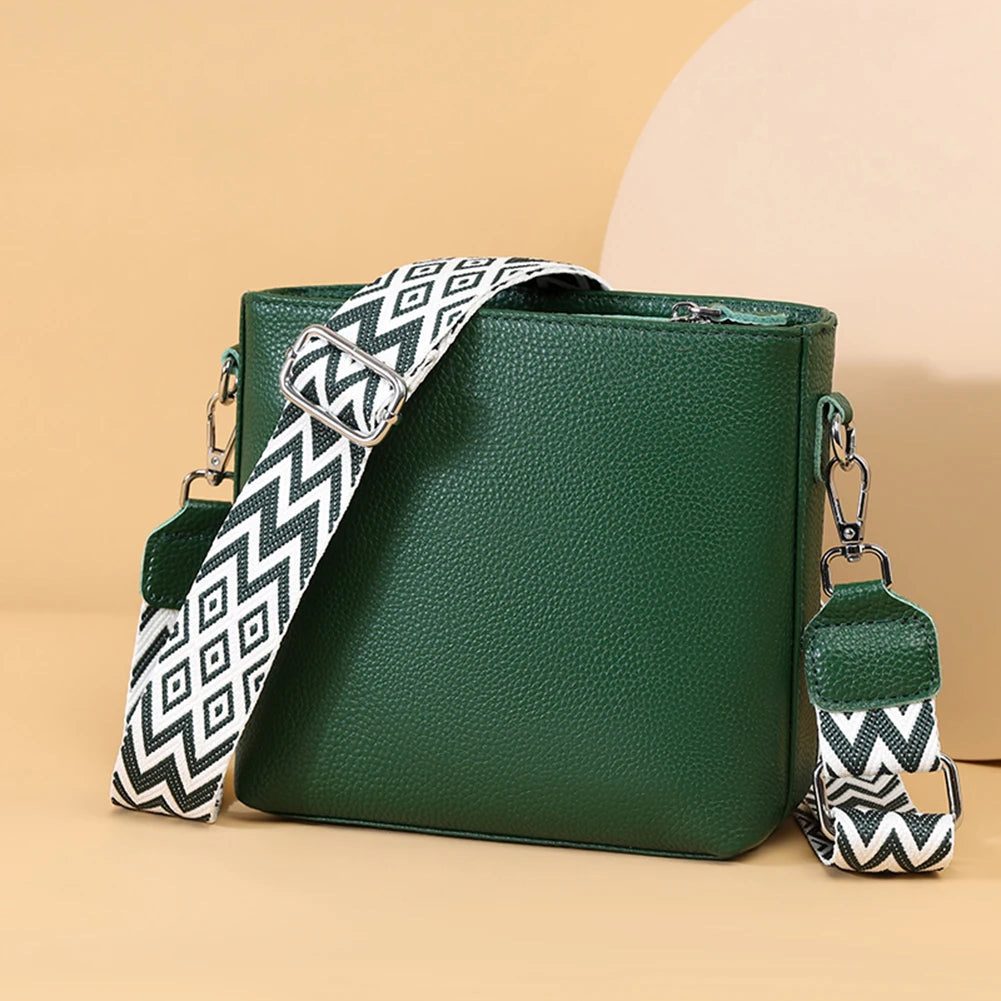 Genuine Leather Shoulder Bag Soft Trendy Crossbody Bag with Guitar Strap Vintage Bucket Bag Satchel Purse for Women