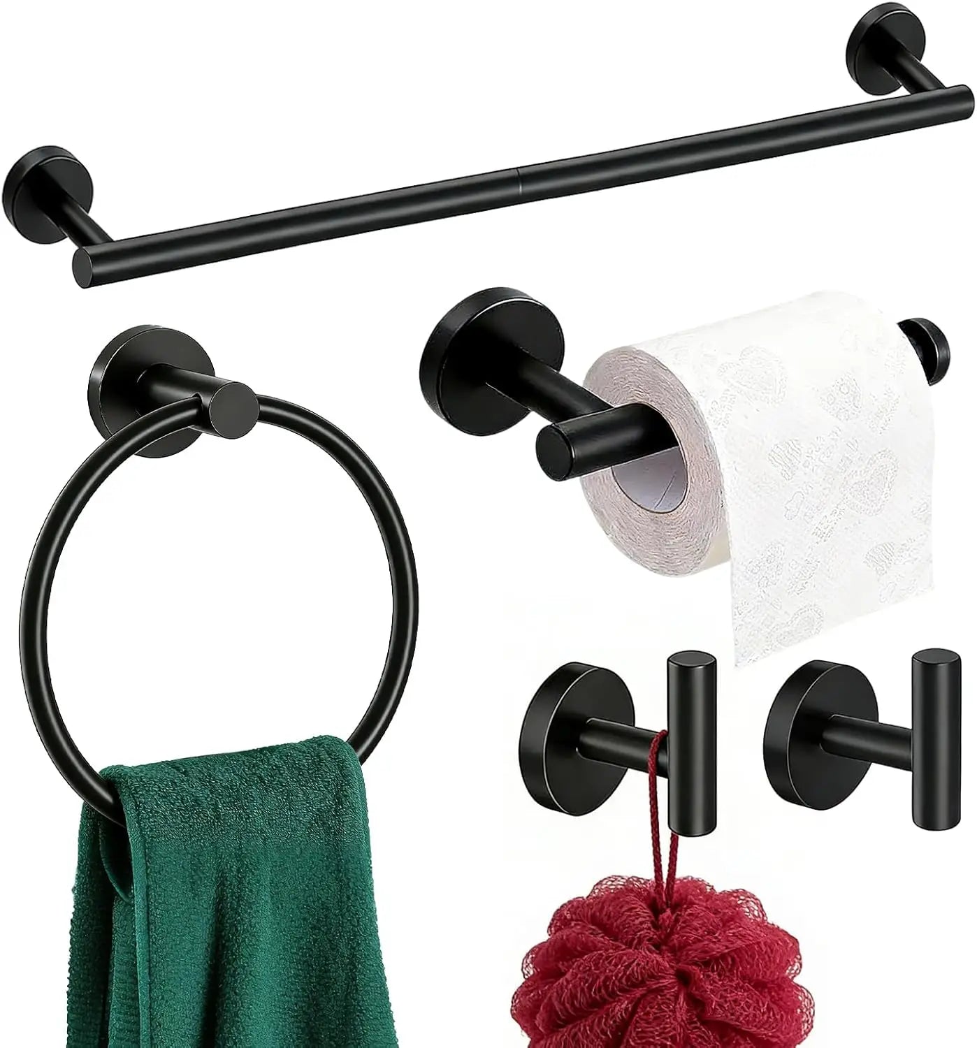 Matte Black 24in Bathroom Hardware Set, Stainless Steel Towel Bar with Ring and Hooks, Wall Mounted Toilet Paper Holder for