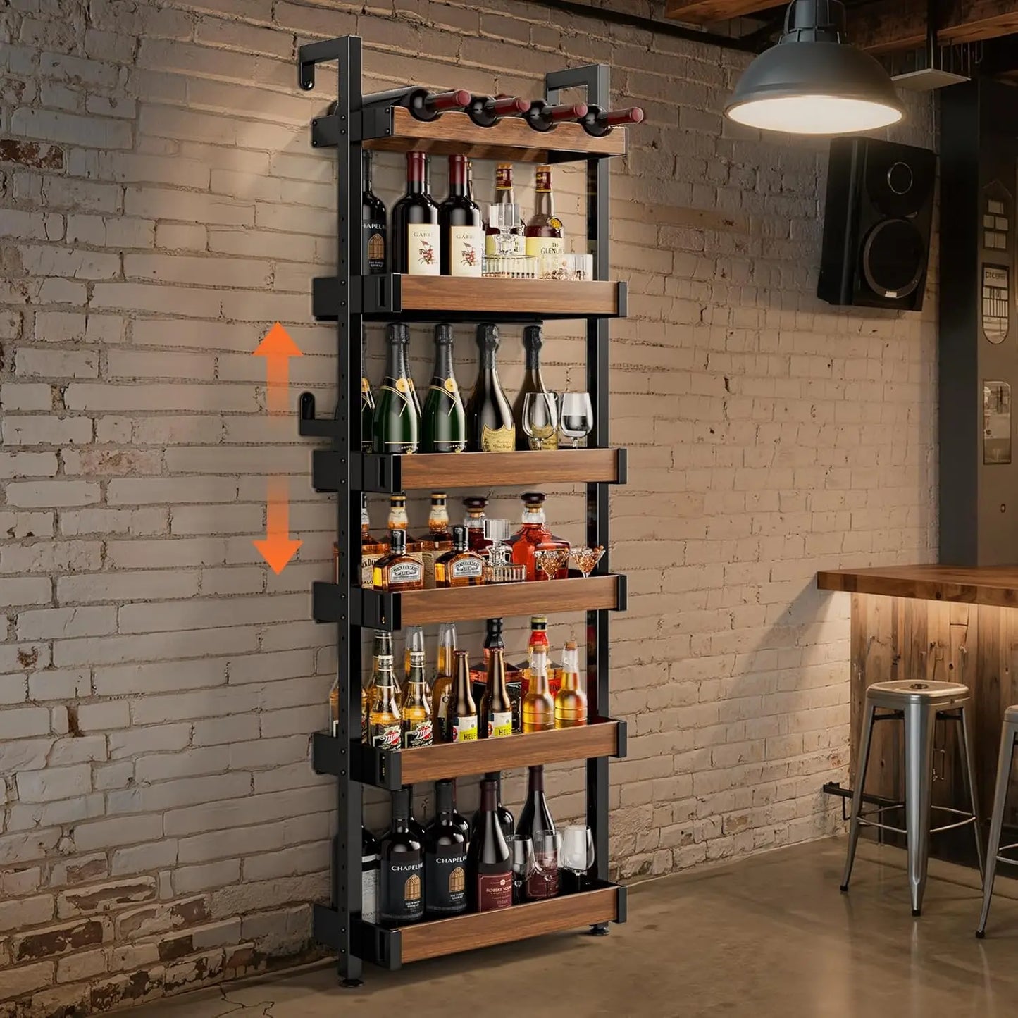 6-Tier Metal Wine Rack Wall Mounted, Adjustable Height Freestanding Floor Shelf for Home Bar Kitchen Storage
