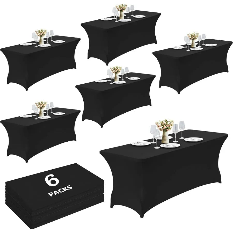 6 Pack 8ft Black Spandex Tablecloth – Fitted Stretch Cover – Universal Fit for Folding Tables – Wrinkle-Free, Washable – Ideal f