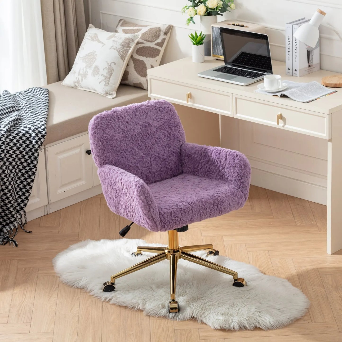 Living Room ChairsLuxury Swivel Office Chair with Plush Rabbit Fur Desk Chair for Home or Vanity Purple Elegant Design
