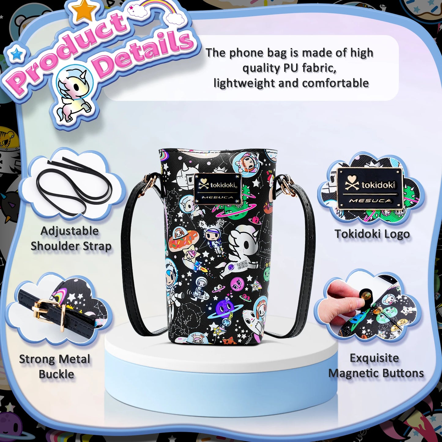 Tokidoki Official Licensed PU Leather Crossbody Bag with Adjustable Strap Unicorno Phone Bag Shoulder Bag Coin Purses for Women