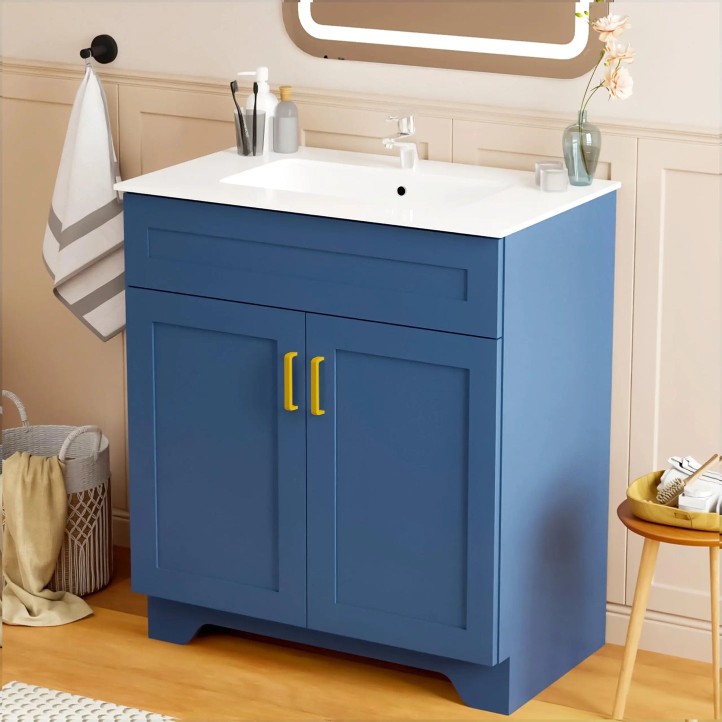 30 Inch Bathroom Vanity with Sink, Modern Bathroom Vanity with Ceramic Basin and Countertop, Easy Assembly