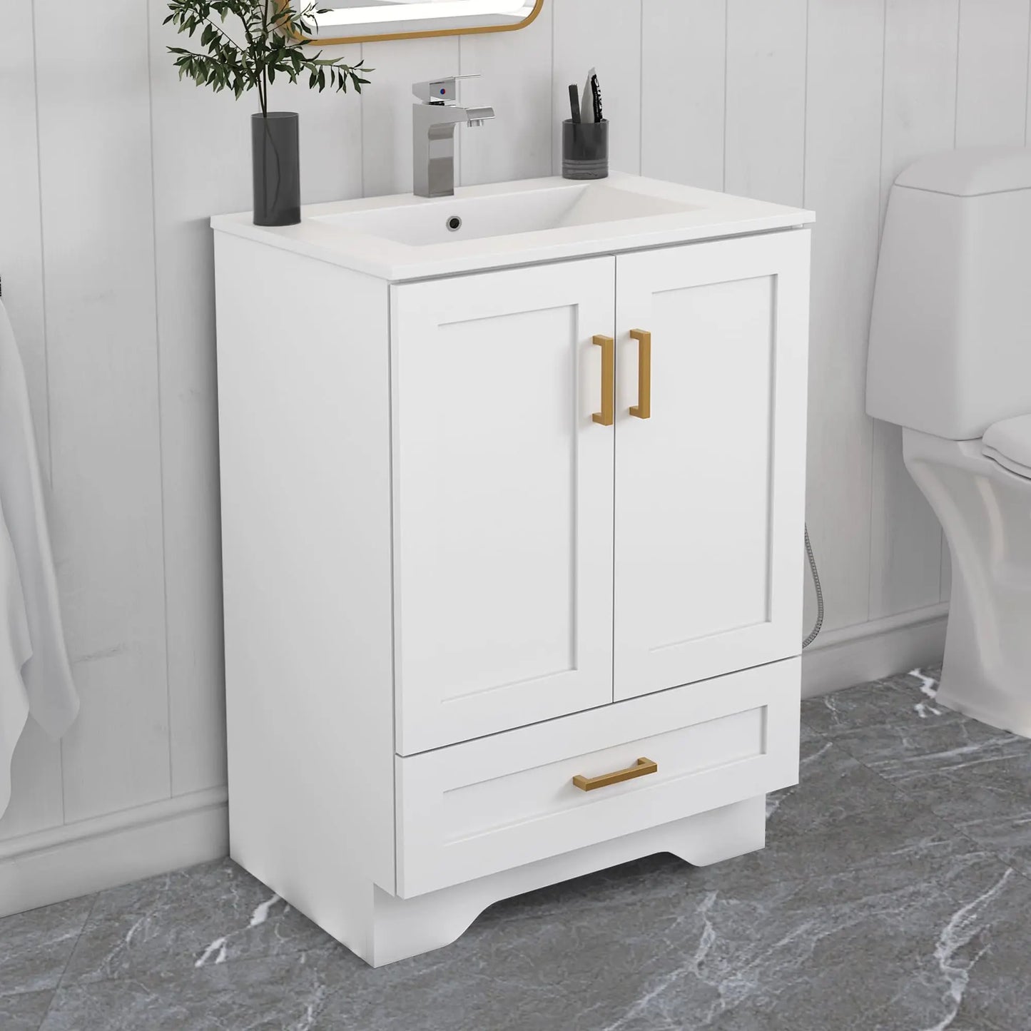 24" Bathroom Vanity with Ceramic Undermount Sink - Freestanding 2-Door & 1-Drawer Storage Cabinet