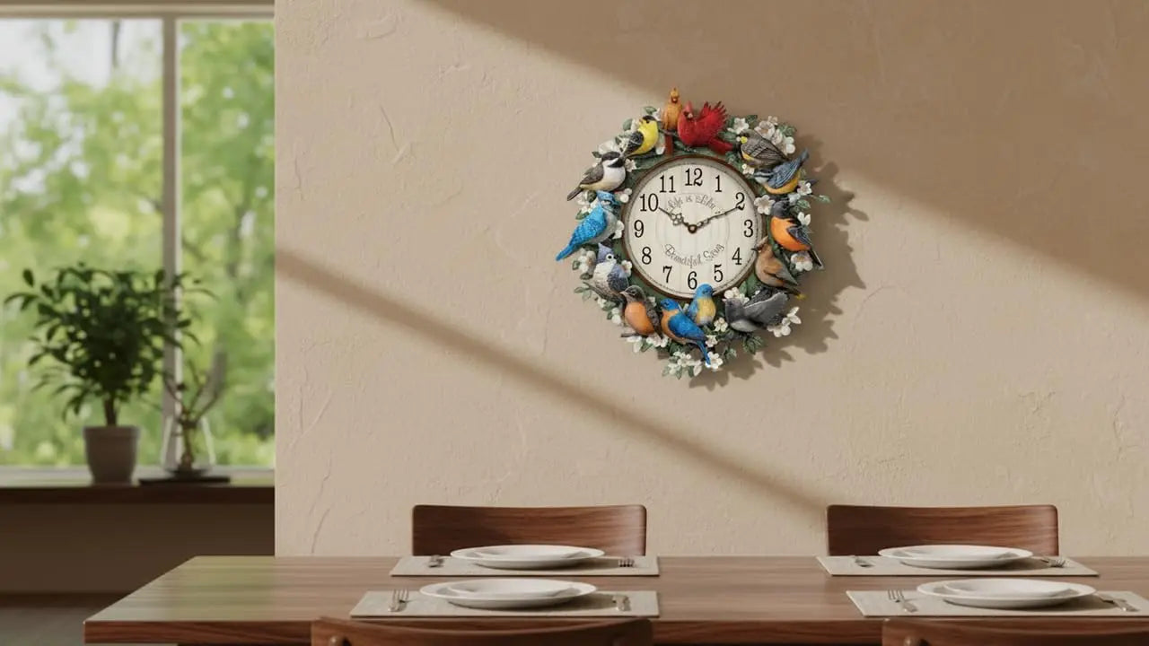 Songbird Melodies Sculptural Wall Clock Featuring 12 Hand-Painted Bird Species That Mark The Hours On A Wooden-Framed Face with