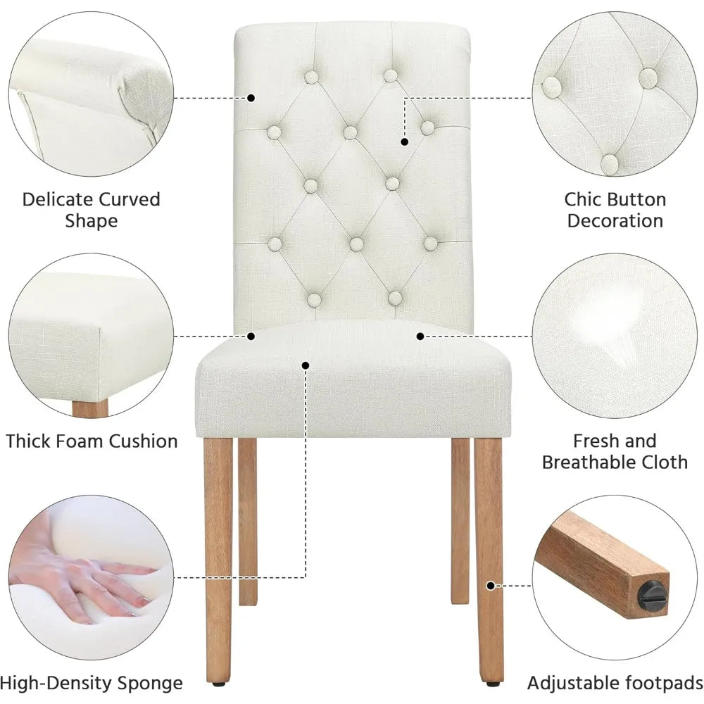 Dining Chair Set, 6 Upholstered Fabric Chairs, Button-up Tufted High Backs, Solid Wood Legs, Modern Style, Beige
