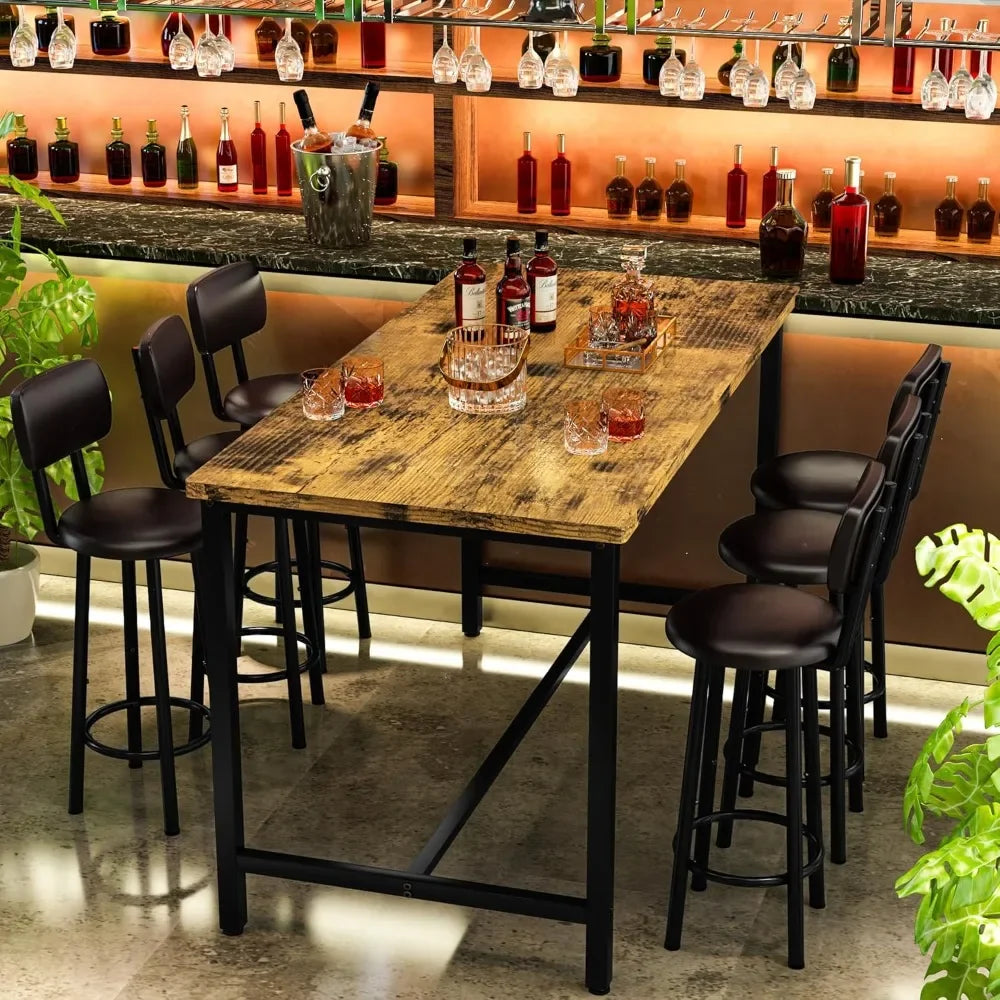 50" Dining Table Set for 6, 7-Piece Counter Height Bar Table Set with Upholstered Stools, Space-Saving Modern Pub Set