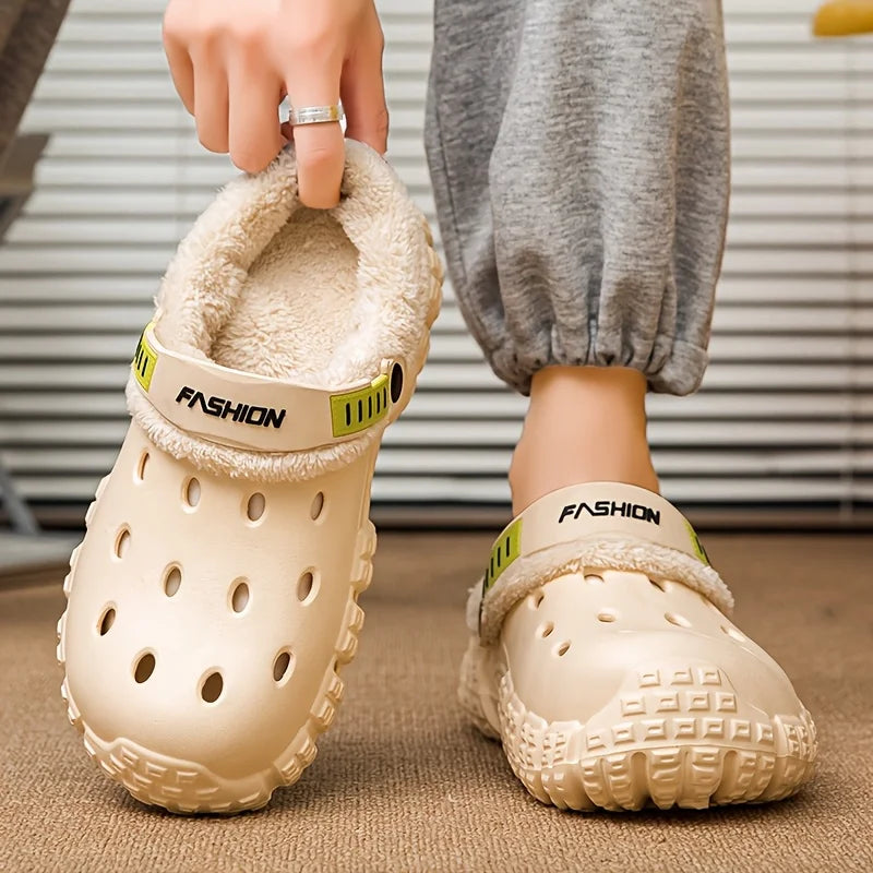 Unisex lined hole shoes, winter removable thick sole slippers with warm lining for outdoor use, thick and warm cold-proof