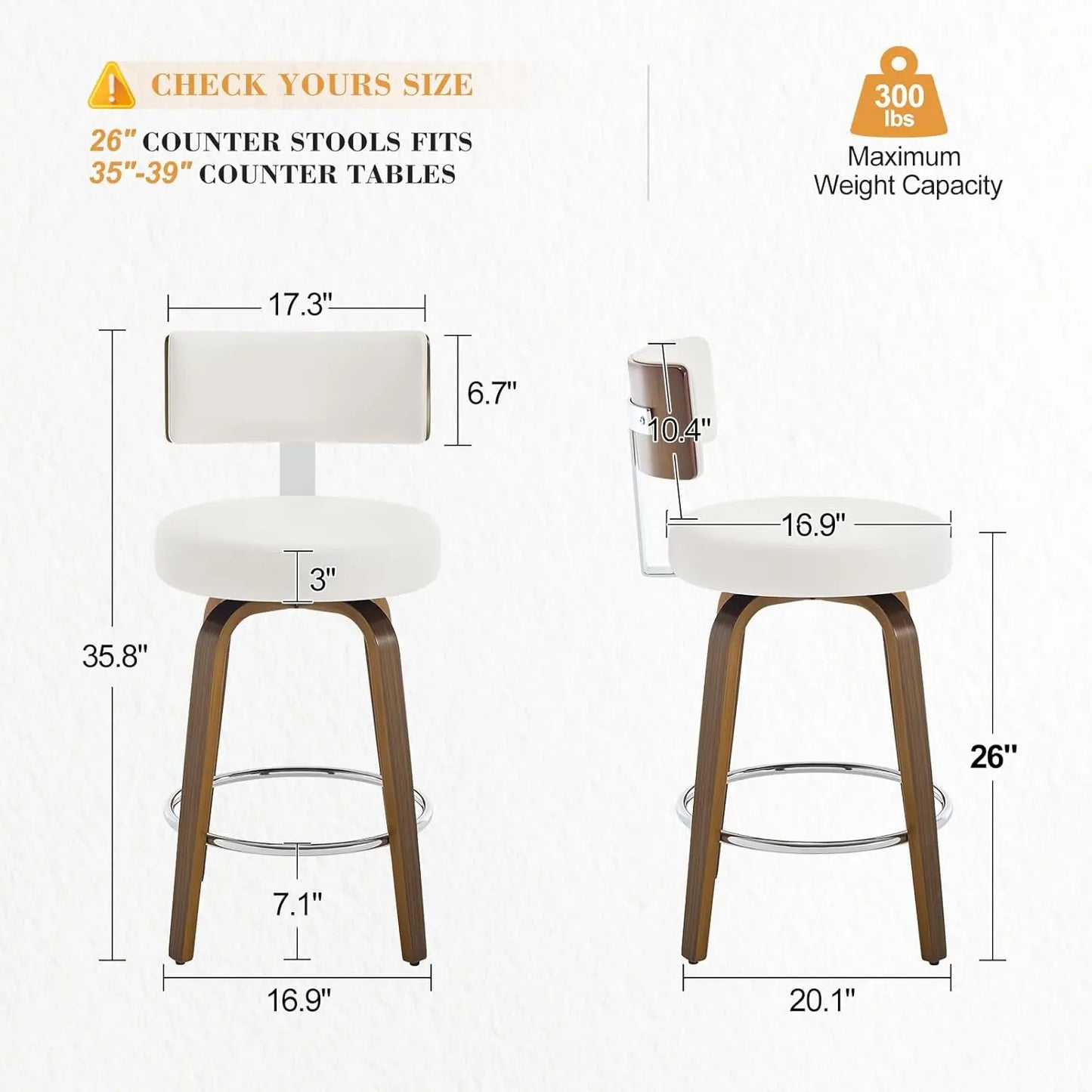Swivel Counter Height Bar Stools Set of 4, Faux Leather Kitchen Stools Upholstered Barstools with Back, Walnut Wood, Customized