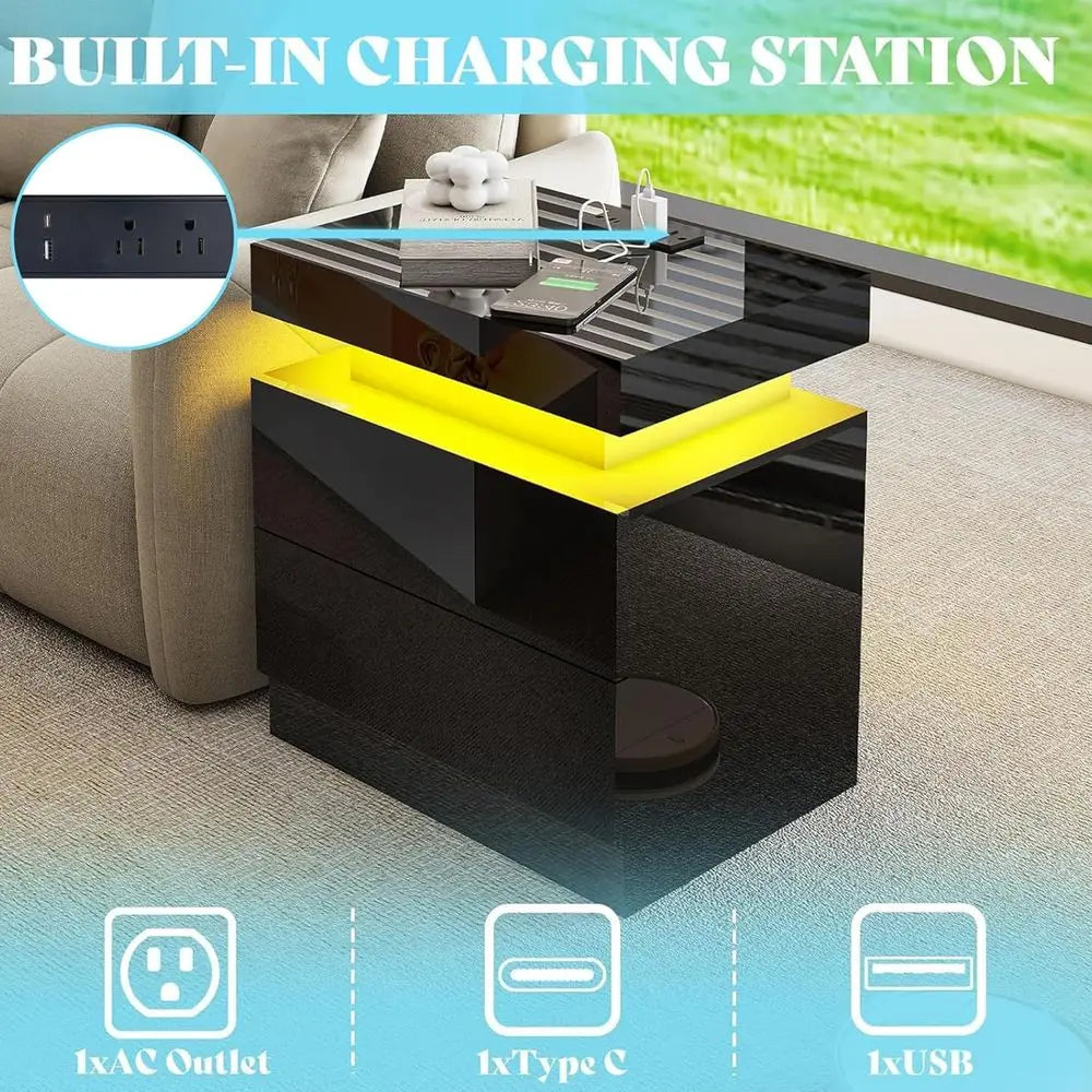 Modern 3-Piece Glossy Living Room Table Set: LED Coffee Table & 2 Charging Nightstands, Black