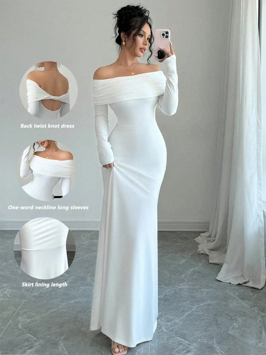 White Off-Shoulder Long Sleeve Maxi Dress with Back Twist Knot, Fitted Silhouette for Evening Events