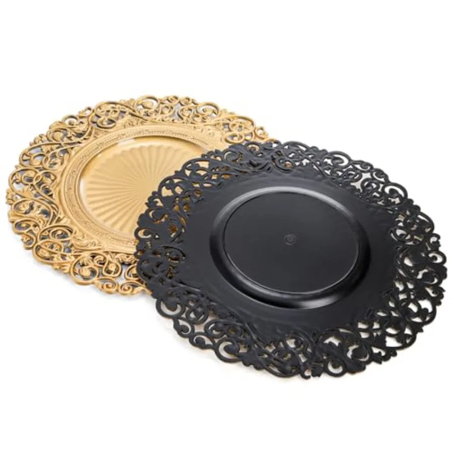 Foraineam Gold Charger Plates Set of 12 13" Round Plastic Dinner Chargers Decorative Hollowed Out Flowers Serving Plates for Ta