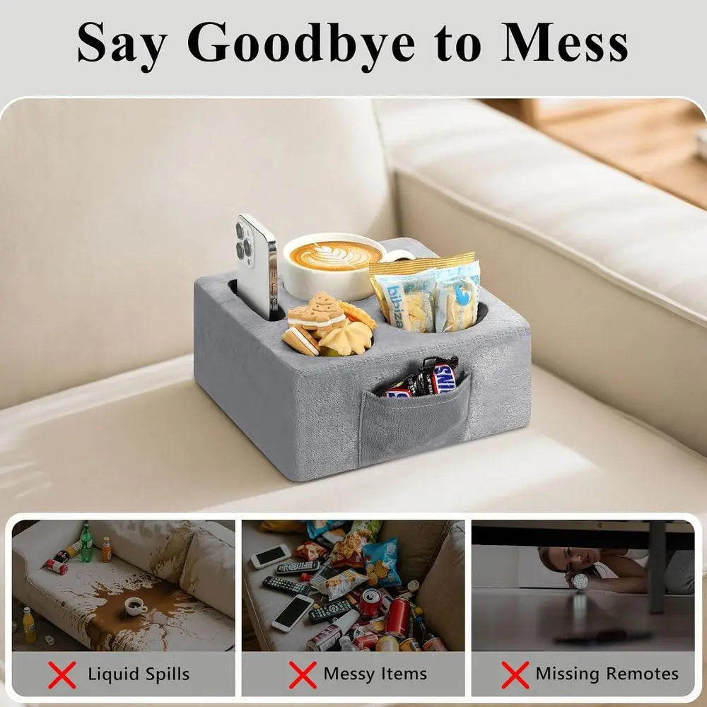 Couch Cup Holder Tray, Couch Cup Holder Pillow with 4 Holes, Side Pocket and Handle, Couch Caddy Pillow for Drinks/Remote Contro