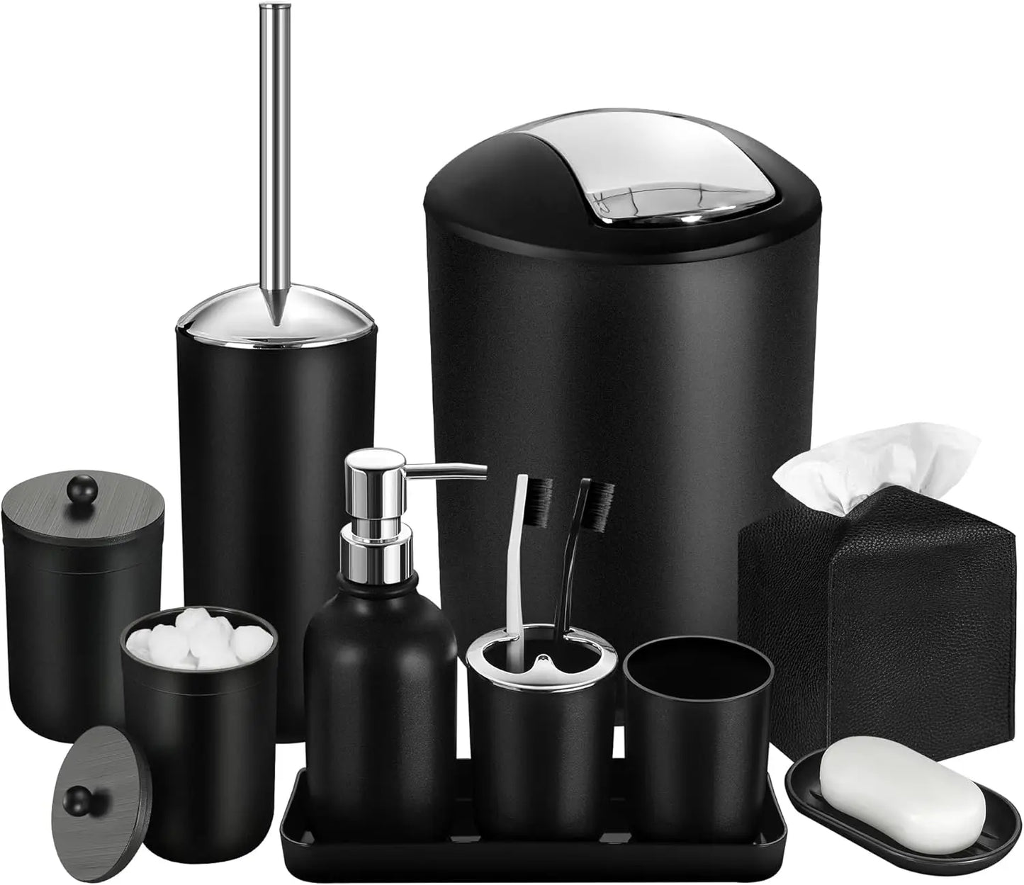 10Pcs Black Bathroom Accessory Set with Trash Can, Soap Dispenser, Toothbrush Holder, and More for Modern Home Decor