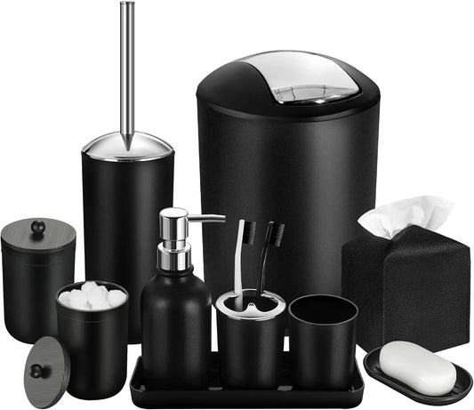 10Pcs Black Bathroom Accessory Set with Trash Can, Soap Dispenser, Toothbrush Holder, and More for Modern Home Decor