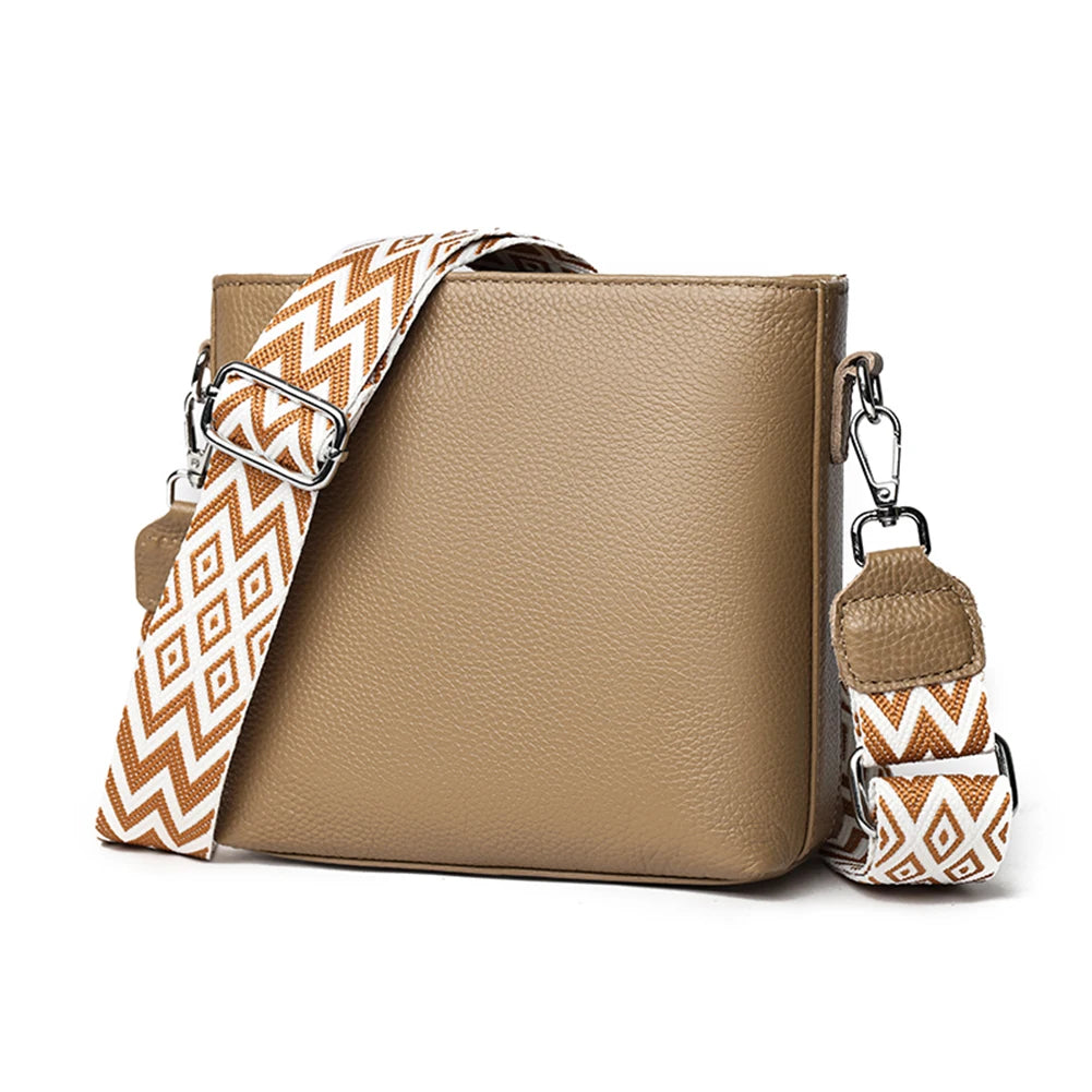 Genuine Leather Shoulder Bag Soft Trendy Crossbody Bag with Guitar Strap Vintage Bucket Bag Satchel Purse for Women
