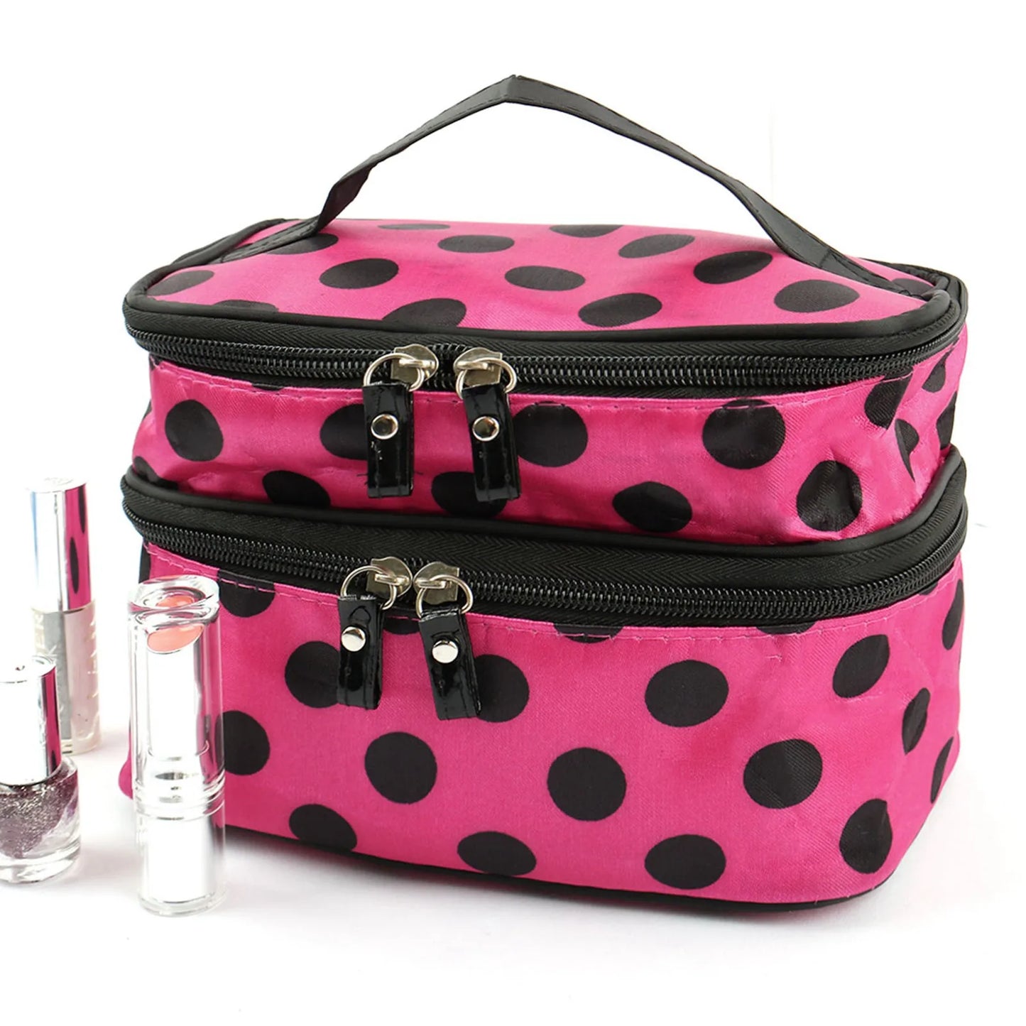Women'S Travel Cosmetic Makeup Bag Organizer Double Layer Dot Pattern Toiletry Bag Case Pouch With Mirror For Woman