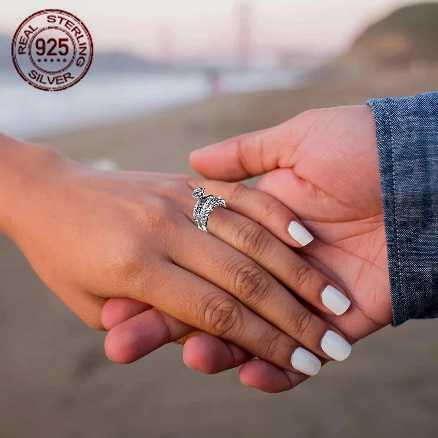 Luxurious 925 Silver Rings Set For Women 14K White Gold Plated Exquisite 5A Zircon Inlay Female Wedding Bridal Finger Ring