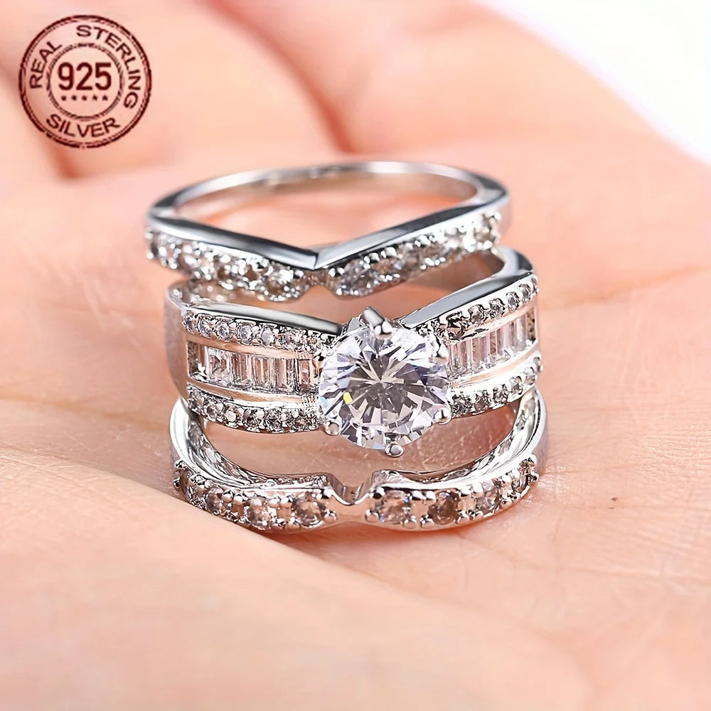 Set of 3 Luxurious Women's Wedding Rings Made Of 925 Silver And Synthetic Zirconia