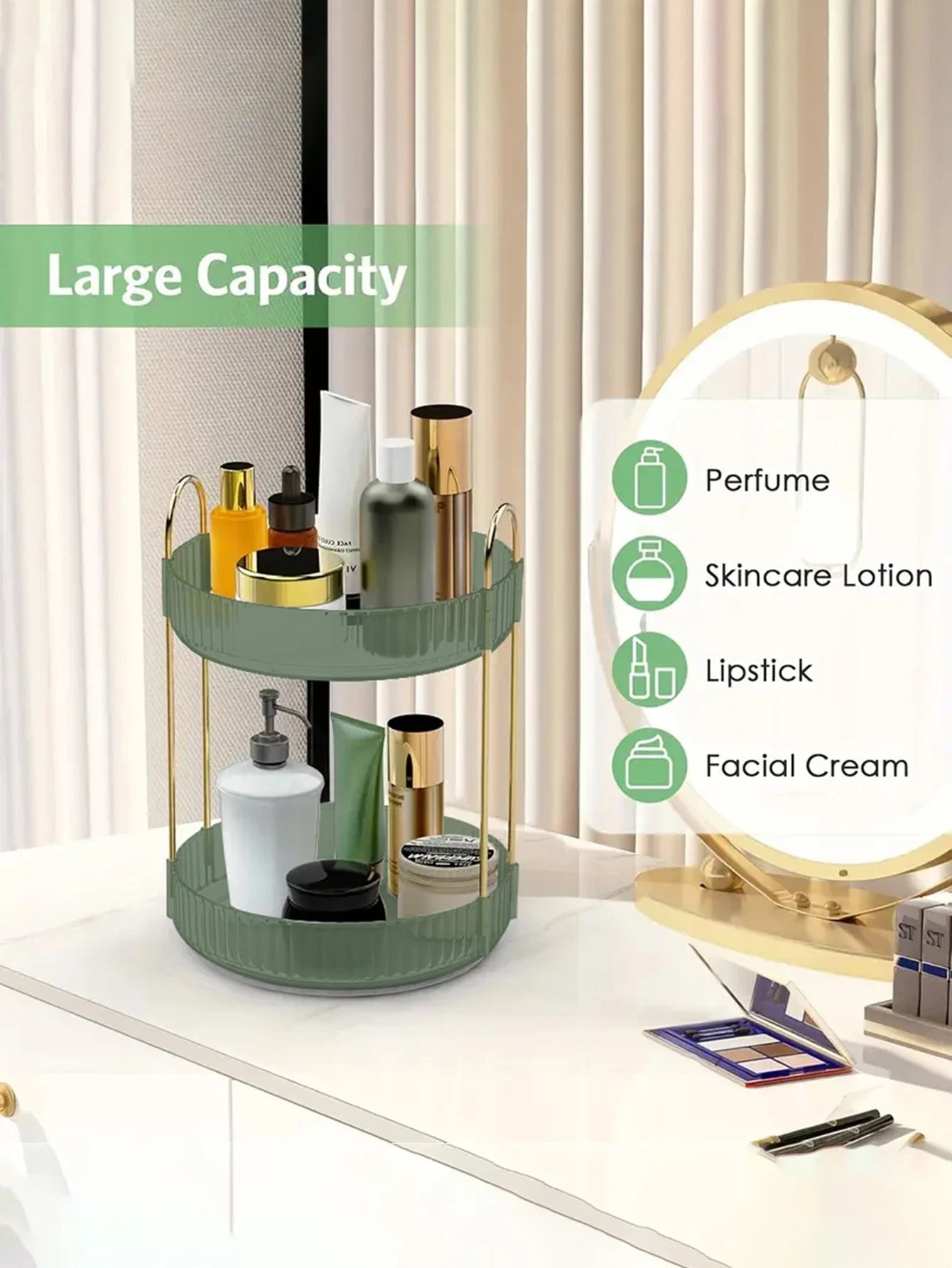 Green large capacity bathroom rotating storage rack, countertop makeup rack, suitable for placing skincare and household items.
