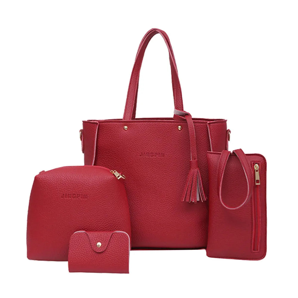 New 2024 New Large Capacity Lychee Pattern Handbags Women'S European And American Retro Fashion Tassel Four-Piece Women'S Bag