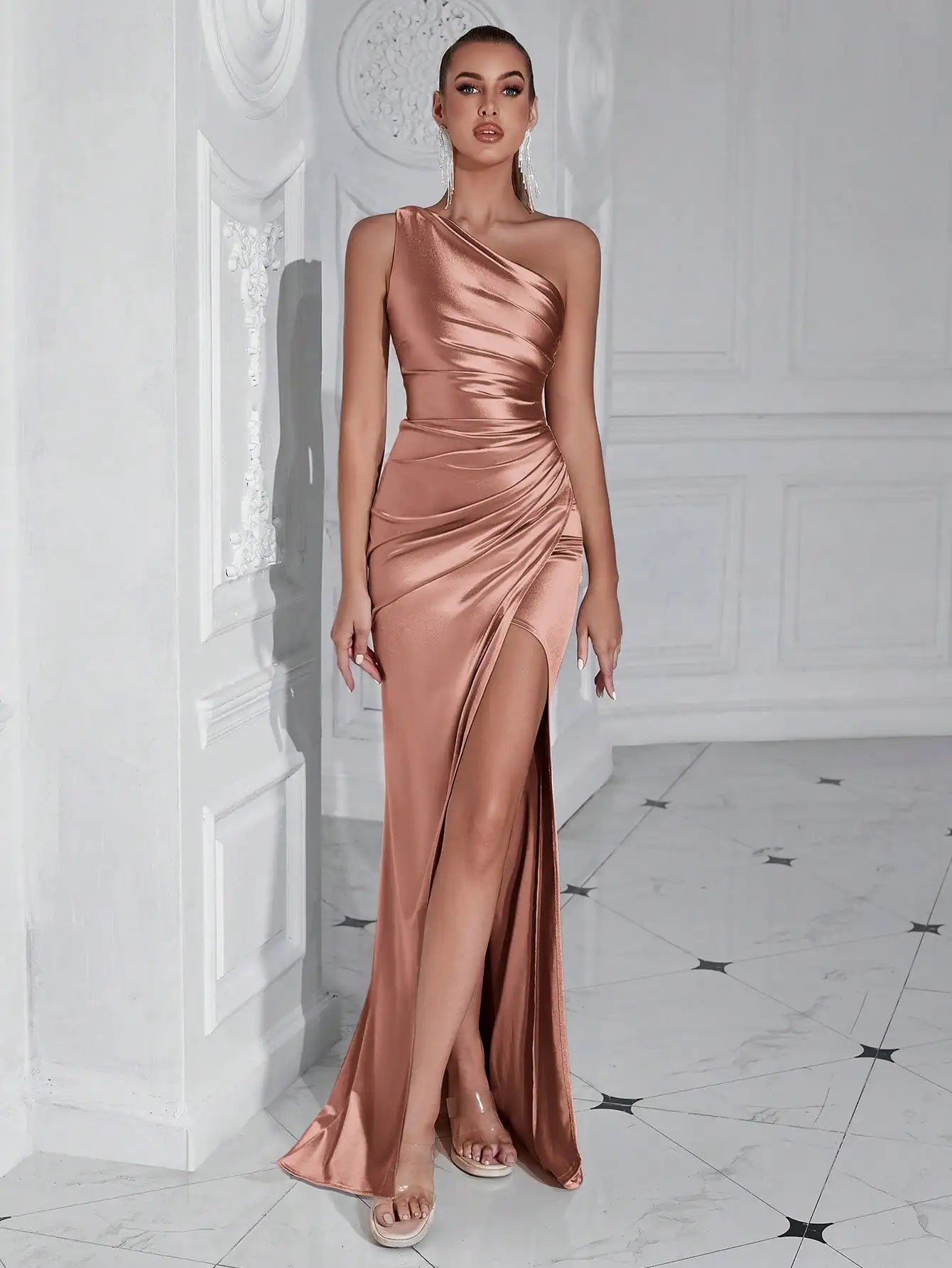 Red One Shoulder Satin Long Dress with High Slit for Cocktail Party Prom Evening