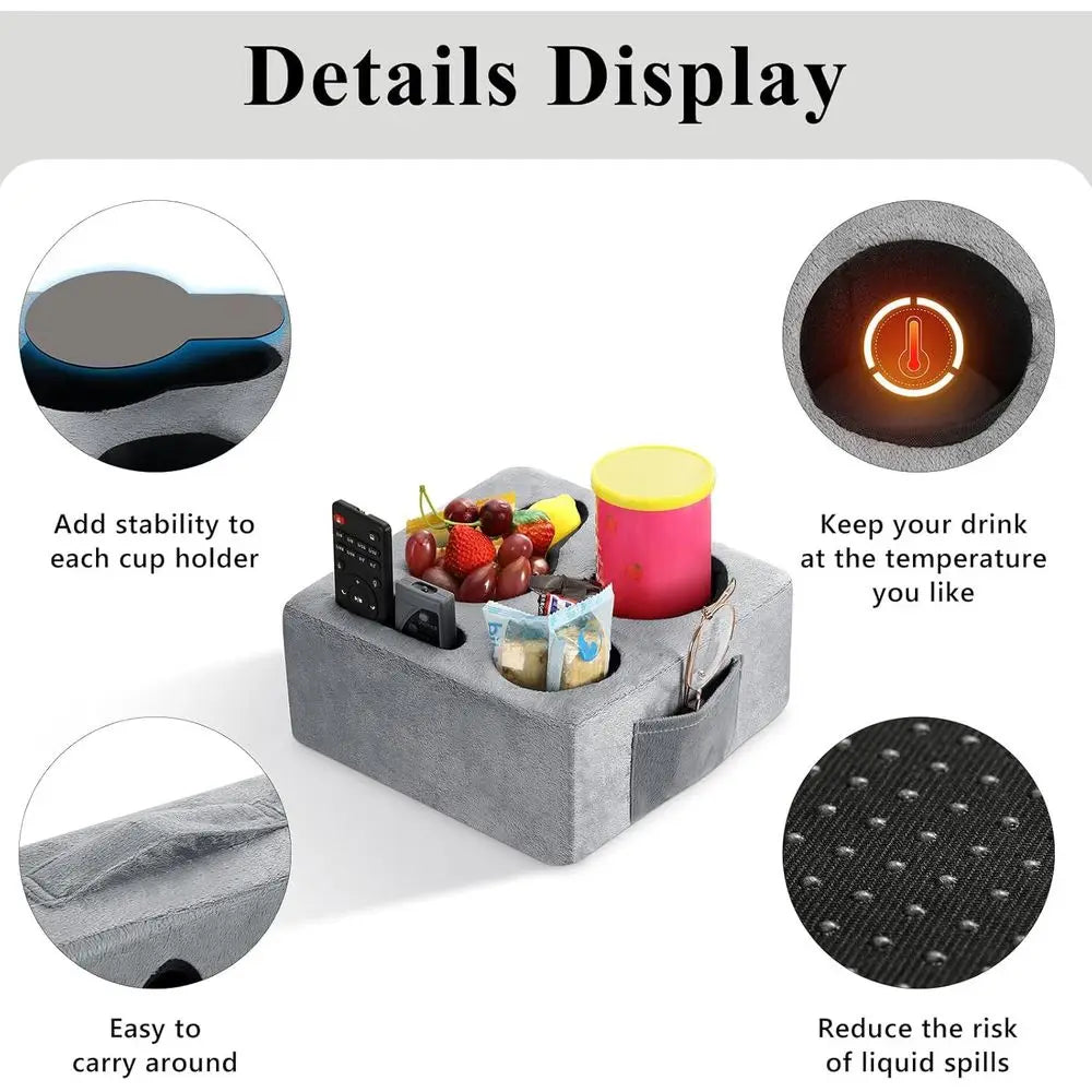 Couch Cup Holder Tray, Couch Cup Holder Pillow with 4 Holes, Side Pocket and Handle, Couch Caddy Pillow for Drinks/Remote Contro