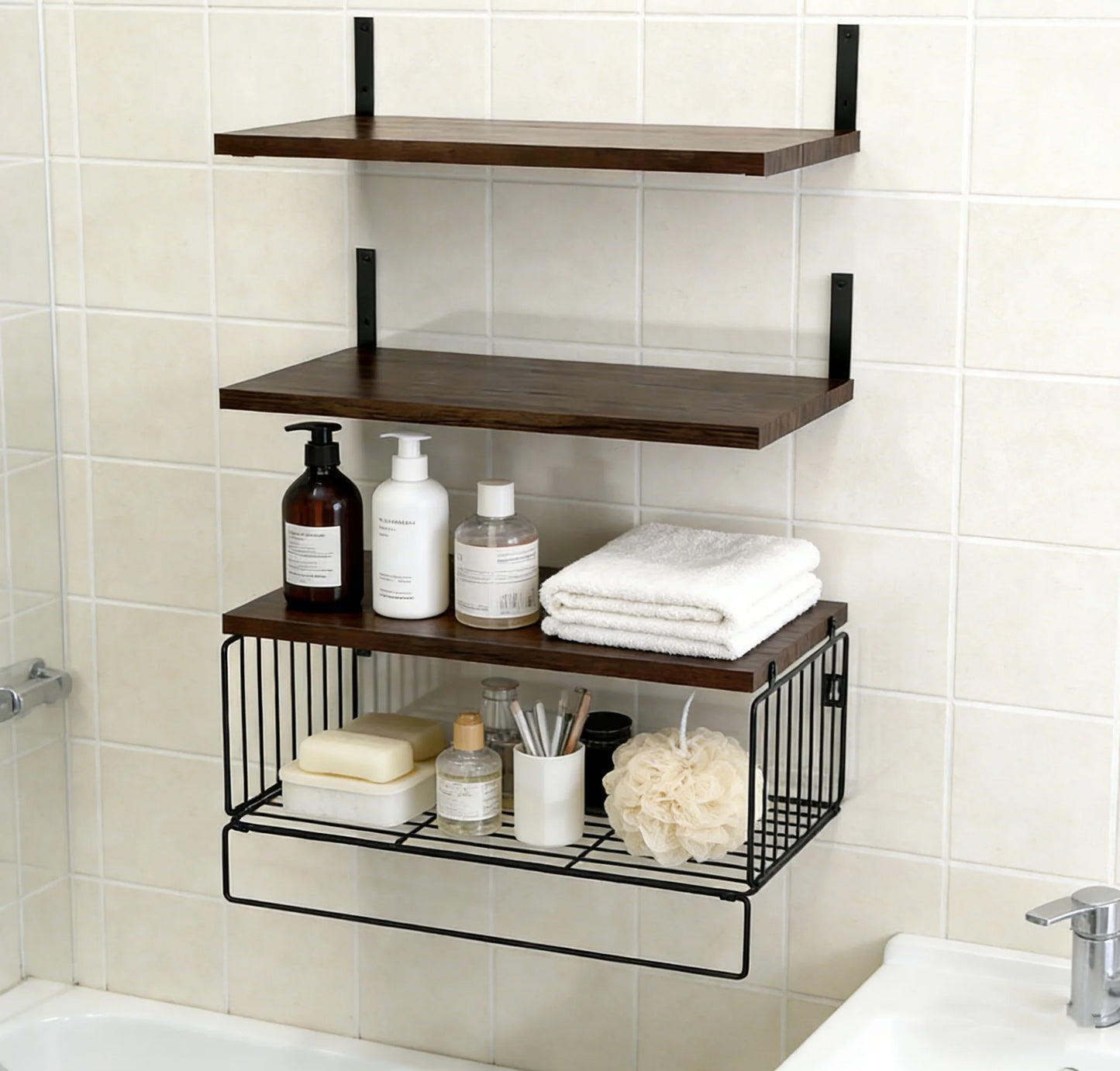 Wall Mounted 3+1 Tier Floating Shelves 16" Width Bathroom Floating Shelf Rustic Wood Shelf Over Toilet with Wire Storage Basket