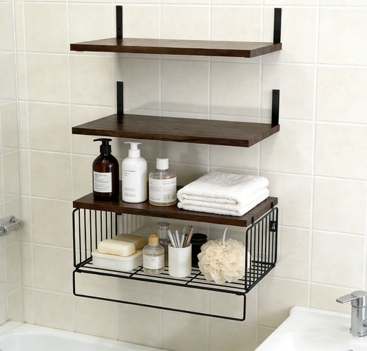 Wall Mounted 3+1 Tier Floating Shelves 16" Width Bathroom Floating Shelf Rustic Wood Shelf Over Toilet with Wire Storage Basket