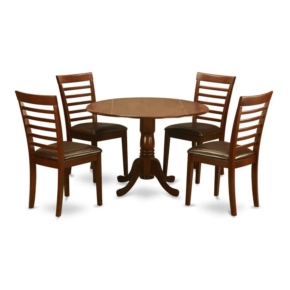 5 Piece Modern Dining Table Set Includes a Round Wooden Table with Dropleaf and 4 Faux Leather Upholstered Dining