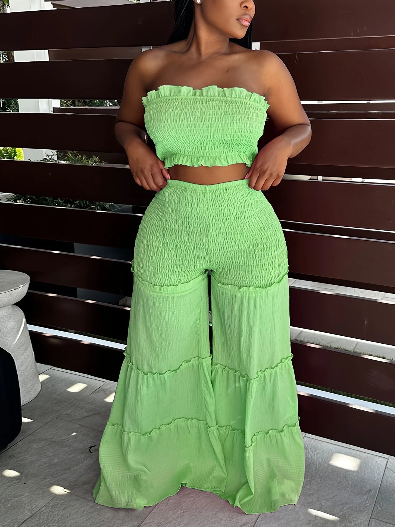 Women 2 Piece Set Strapless Smocked Tube Top Wide Leg Pants Ruffle Tiered Summer Beach Vacation Boho Outfit