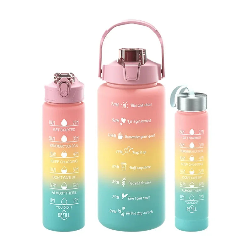 3-Piece Set Large Capacity Gradient Water Bottle,Water Bottle with Straw 2 Litre Leakproof with Time Marker,for Sports Fitness