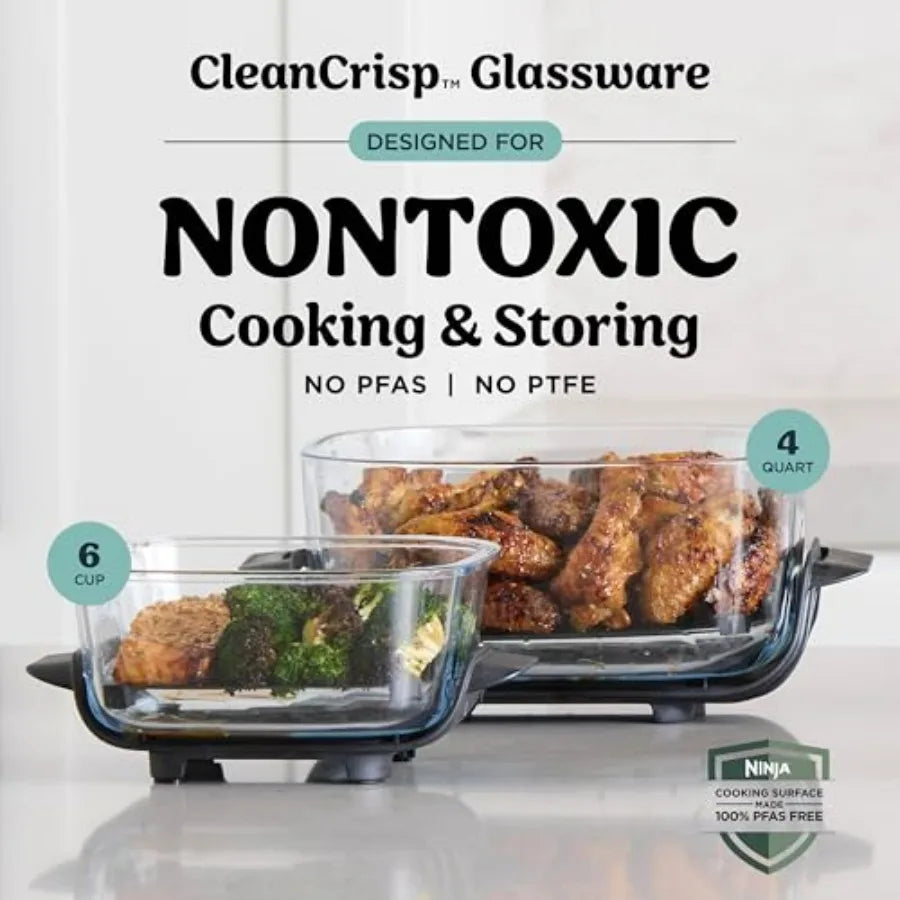 Crispi 4-in-1 Glass Air Fryer for Home Use 450F High Heat Non-Toxic Glass Containers 4QT 6-Cup with Lids Microwave Freezer Dish