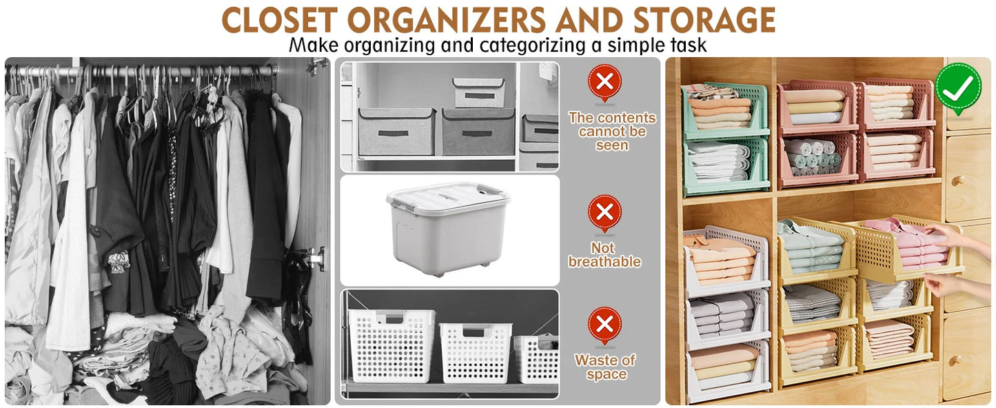 SNSLXH 5 Pack Stackable Closet Storage Basket Multifunctional & Foldable Closet Organizer for Bathroom Kitchen Laundry Room