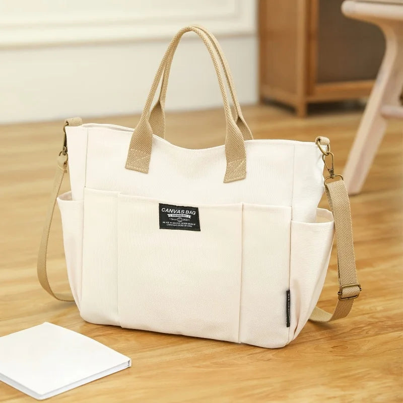 Women's Multi-Pocket Tote Bag, Vintage Canvas Shoulder Bag, Multi-functional Crossbody Bag for Daily Use