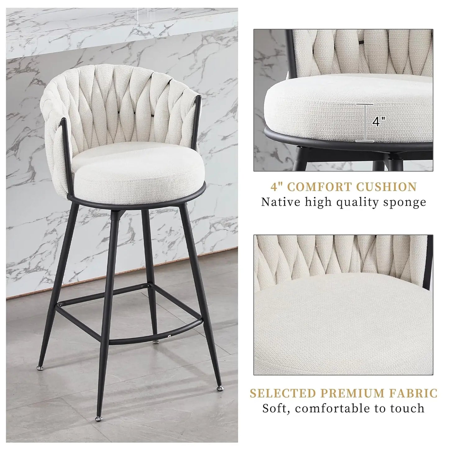 Bar Stools Set of 4 for Kitchen Counter, 26 inch Modern Fabric Counter Height Barstools, 360°Swivel Bar Chairs, Customized